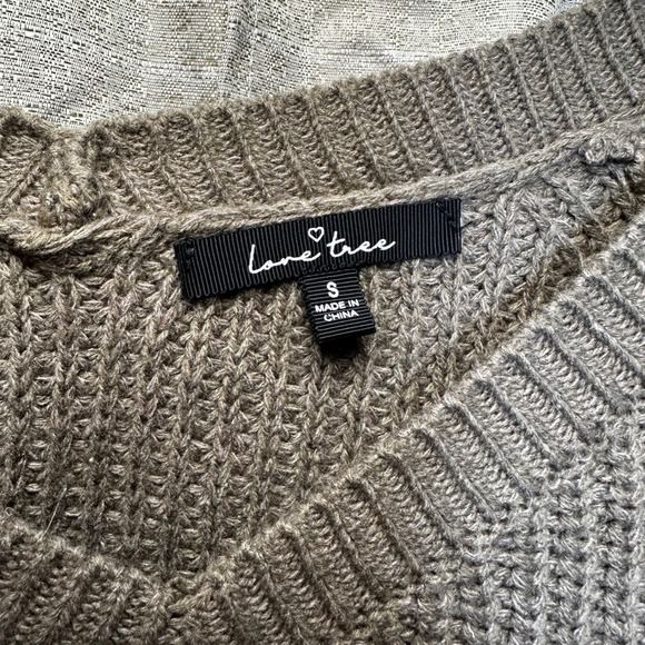 Love Tree Bohemian Knit Sweater Taupe V Neck Cinched Drawstring Cropped Sleeve S - Picture 5 of 9